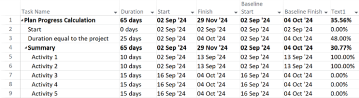 VBA-based Progress Calculation Results